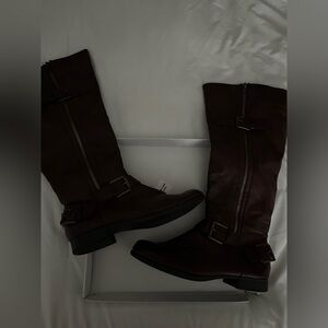 Tall Buckle Leather Riding Boots - Dark Brown